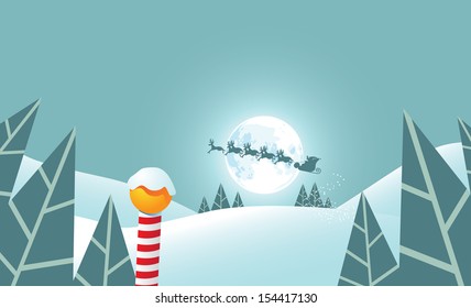 Santa Claus flies over the landscape. EPS 10 vector, grouped for easy editing. No open shapes or paths.