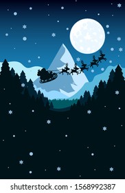 Santa Claus flies over winter mountain forest, vector art illustration.