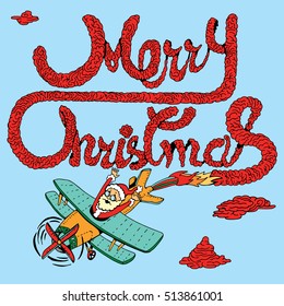 Santa Claus flies the plane. Merry Christmas illustration.