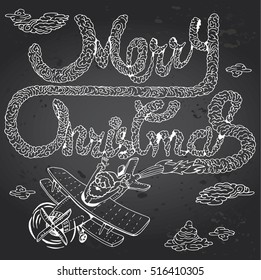 Santa Claus flies the plane. Merry Christmas illustration on a Gray Chalkboard background. 