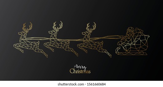 Santa Claus flies in a reindeer harness. Stock vector Christmas illustration. Golden deers in geometric style.