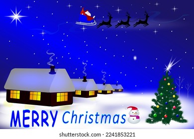 Santa Claus flies in the sky on a reindeer sleigh over a winter village. Christmas tree in the snow and a snowman standing nearby