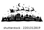 Santa Claus flies in a sleigh with reindeer over the city. Christmas silhouette. Template for laser or paper cutting, printing on T-shirts, mugs. Vector illustration.