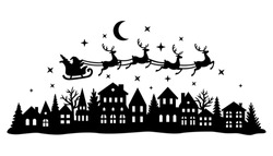 Santa Claus Flies In A Sleigh With Reindeer Over The City. Christmas Silhouette. Template For Laser Or Paper Cutting, Printing On T-shirts, Mugs. Vector Illustration.