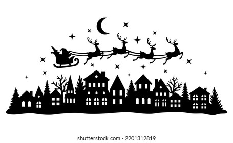 Santa Claus flies in a sleigh with reindeer over the city. Christmas silhouette. Template for laser or paper cutting, printing on T-shirts, mugs. Vector illustration. - Shutterstock ID 2201312819
