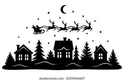 Santa Claus flies in a sleigh with reindeer over the city. Christmas landscape silhouette. Template for laser or paper cutting, printing on T-shirts, mugs. Vector illustration.