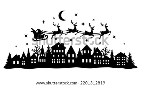 Santa Claus flies in a sleigh with reindeer over the city. Christmas silhouette. Template for laser or paper cutting, printing on T-shirts, mugs. Vector illustration.