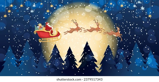 Santa Claus flies in a sleigh with reindeers across the night snowy sky with the moon against the backdrop of a winter forest landscape, Christmas banner, New Year card. Beautiful flat vector cartoon 