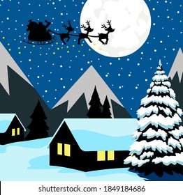 Santa Claus In Flight With His Reindeer And Sleigh In Christmas Night. Vector Illustration Flat Design With Background
