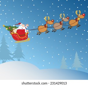 Santa Claus In Flight With His Reindeer And Sleigh In Christmas Night. Vector Illustration