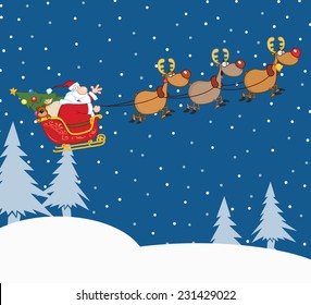 Santa Claus In Flight With His Reindeer And Sleigh In Christmas Night. Vector Illustration