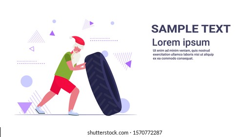 santa claus flipping tire doing hard exercises bearded man training workout healthy lifestyle concept christmas new year holidays celebration horizontal copy space full length vector illustration