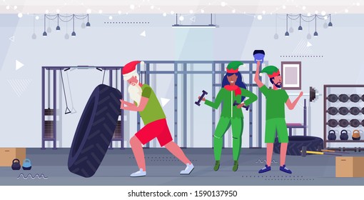 santa claus flipping tire elves exercising with dumbbells and kettlebell training workout healthy lifestyle concept christmas new year holidays modern gym interior horizontal full length vector