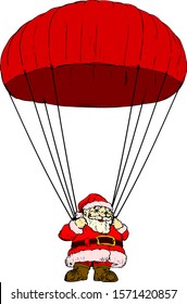 Santa Claus floating on a parachute. Hand drawn vector illustration.