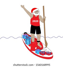 Santa Claus floating on SUP board with Christmas gifts. Stand up paddling for everybody.