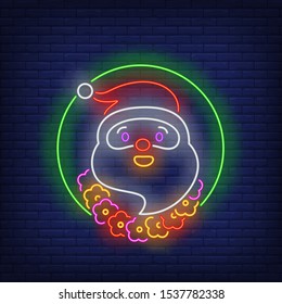 Santa Claus with flower circlet neon sign. Glowing neon Santa, flowers, Hawaii. New year, Christmas, winter. Vector illustration in neon style for greeting card, invitation, announcement