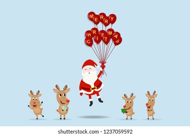 Santa Claus fly with merry christmas balloon while reindeer stand on the floor. Concept for Christmas and new year banner in vector illustration