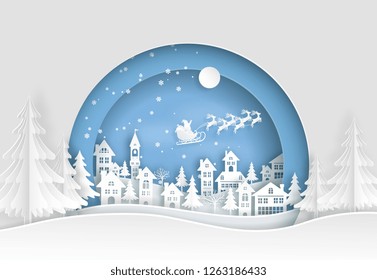 santa claus fly on the city and earth with snow, ice, trees and home in the winter season. christmas, paper art.