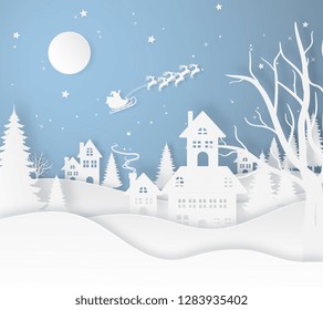 santa claus fly on the city and earth with snow, ice, trees and home in the winter season. christmas, paper art.