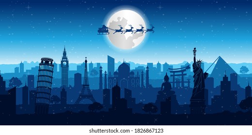 Santa claus fly over world's landmarks to send gift to everyone on Christmas night,vector illustration