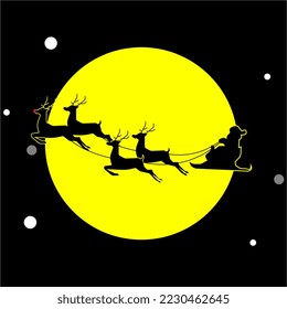 Santa Claus fly with reindeer through the moon on Christmas Day