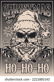 Santa Claus flyer monochrome vintage spooky Christmas wizard with new year candies on hard party holiday invitation vector illustration