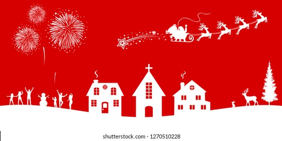 Santa Claus flyin on Christmas sleigh over the housses