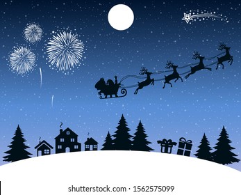 Santa Claus flyin on Christmas sleigh over the houses and gives gifts, delivers gifts in the night, Christmas card – stock vector