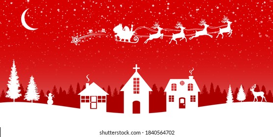 Santa Claus flyin on Christmas sleigh over the housses in the night on red background – vector