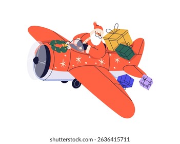 Santa Claus flying in air plane with Christmas gifts. Festive Xmas delivery. Winter holiday character in aircraft, airplane with presents. Flat vector illustration isolated on white background
