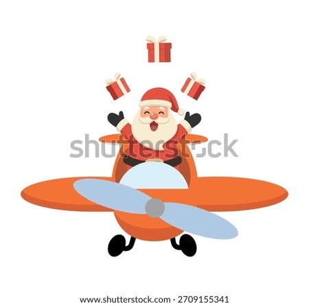 Santa Claus flying an airplane full of Christmas gifts, creating a fun festive scene symbolizing holiday joy, celebration, delivery, and winter seasonal themes.