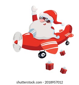 Santa Claus flying in airplane with giftboxes, vector clipart, hand drawn Christmas illustration with cartoon character good for card and print holiday design