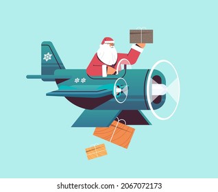 santa claus flying airplane with gifts merry christmas happy new year winter holidays celebration