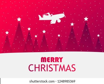 Santa Claus is flying in an airplane over a winter landscape with Christmas trees. Greeting card with falling snow. Red gradient. Vector illustration