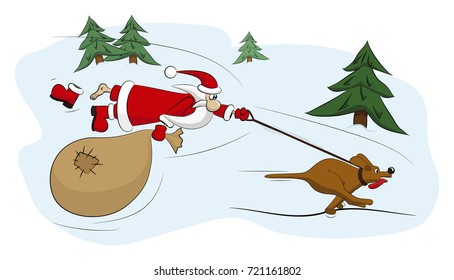 Santa Claus is flying behind a fast rushing dog. Year of the dog.