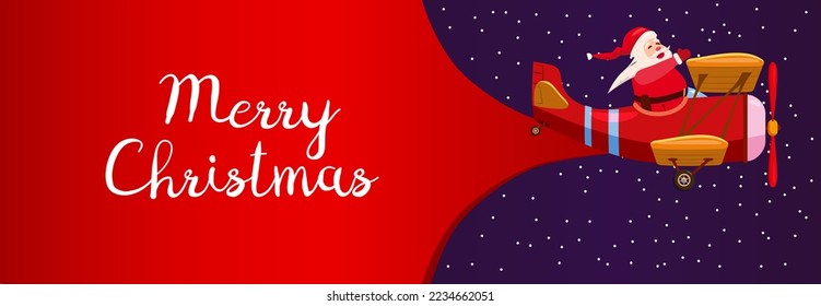 Santa Claus is flying by plane, delivery huge bag of Christmas gifts. Merry Christmas banner