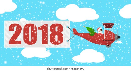 Santa Claus is flying by plane with banner 2018. Vector illustration