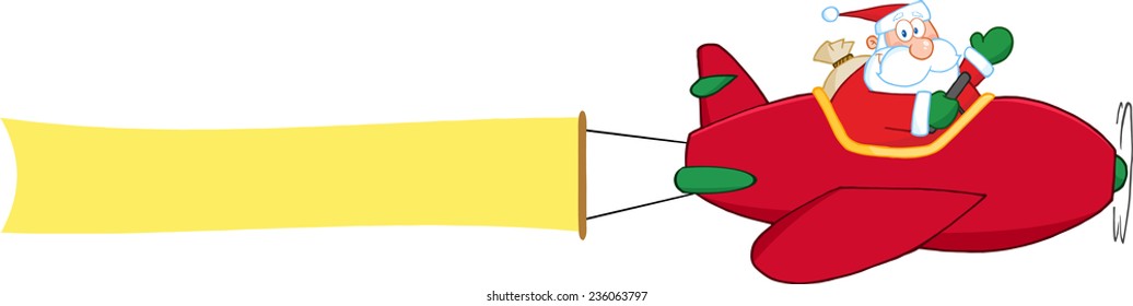Santa Claus Flying With Christmas Plane And A Blank Banner Attached. Vector Illustration Isolated on white