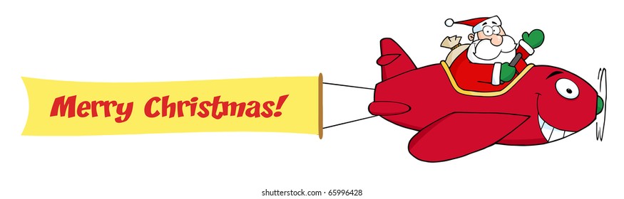 Santa Claus Flying With Christmas Plane And A Blank Banner Attached