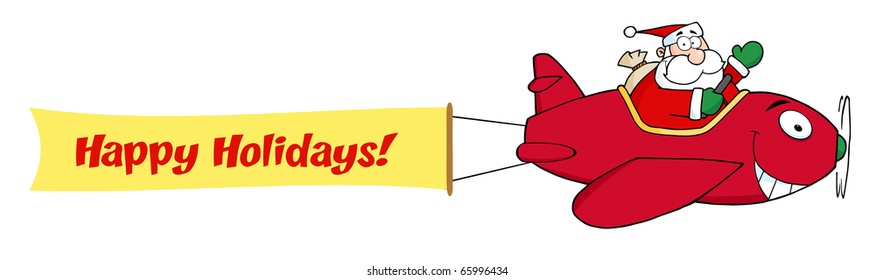 Santa Claus Flying With Christmas Plane And A Blank Banner Attached With Text