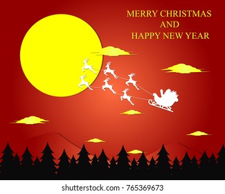 Santa Claus flying with deer on red sky Silhouette vector background