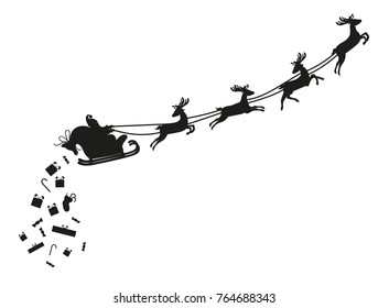 Santa Claus Flying With Deer In Sleigh And Drops Presents. Black Silhouette On White Background. Christmas Greeting Card Or Flyer. Vector Illustration