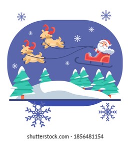 Santa Claus flying with deers on blue backdrop. Christmas holiday postcard for invitation or gift card, notebook, bath tile, scrapbook. Phone case or cloth print. Flat style stock vector illustration
