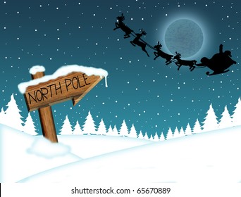 Santa Claus flying in front of the moon and wood sign with North Pole