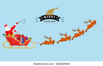 Santa Claus is flying with giftboxes and reindeers on sleigh. Vector illustration.