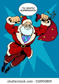 Santa Claus is flying with gifts like a superhero. Retro style pop art