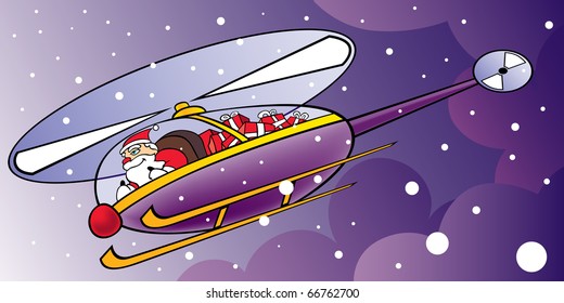 Santa Claus flying a helicopter full of presents vector illustration