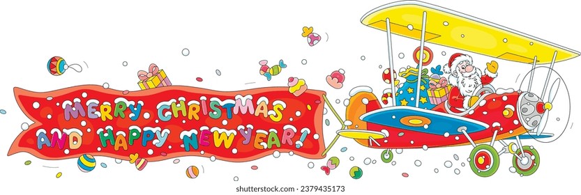 Santa Claus flying in his colorful plane with a Christmas greeting banner and carrying a large magical bag of winter holiday gifts for little kids, vector cartoon illustration isolated on white