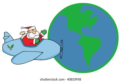 Santa Claus Flying His Plane Around The Globe