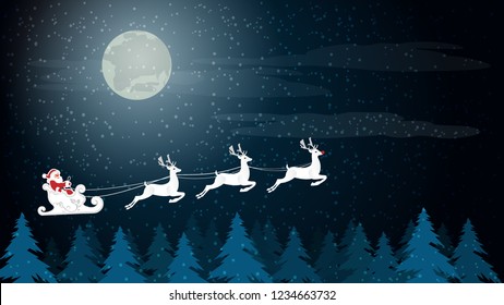 Santa Claus flying with his sleigh with Reindeer above snowy woods